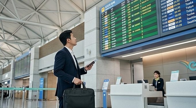 인천공항 출발층에서 일정을 확인하는 출장자