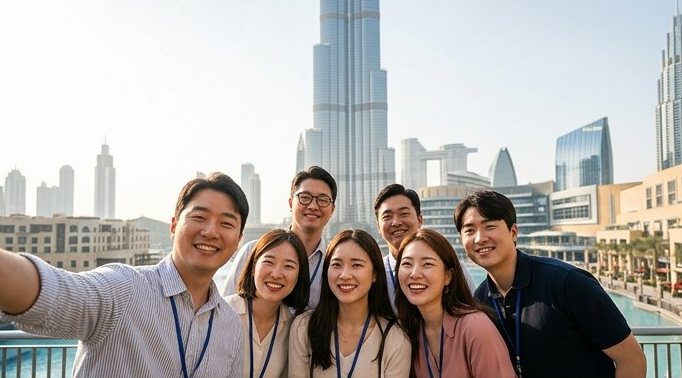 두바이 포상여행 중 기념사진을 찍는 임직원들