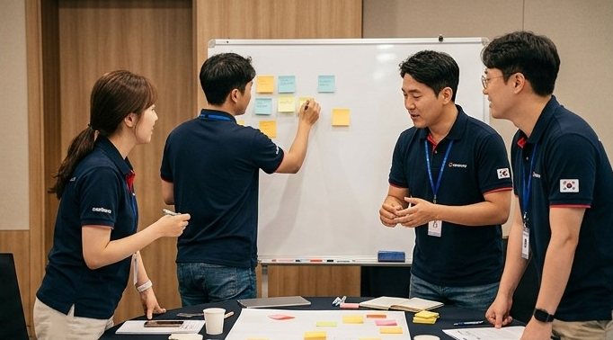 워크숍에서 아이디어를 정리하는 임직원들